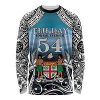 Personalised Happy 54th Fiji Day Long Sleeve Shirt Forever Fiji With Tapa Tribal Pattern LT05 Unisex Blue - Polynesian Pride