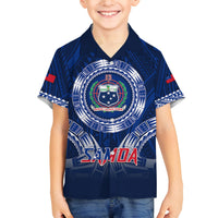 Custom Samoa Rugby Family Matching Off Shoulder Maxi Dress and Hawaiian Shirt World Cup 2023 Coat Of Arms With Polynesian Pattern LT05 Son's Shirt Blue - Polynesian Pride