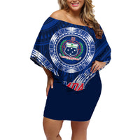 Custom Samoa Rugby Family Matching Off Shoulder Short Dress and Hawaiian Shirt World Cup 2023 Coat Of Arms With Polynesian Pattern LT05 Mom's Dress Blue - Polynesian Pride