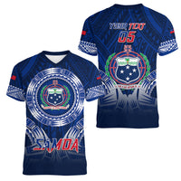 Custom Samoa Rugby Women V Neck T Shirt World Cup 2023 Coat Of Arms With Polynesian Pattern LT05 - Polynesian Pride