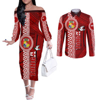 Tonga Rugby Couples Matching Off The Shoulder Long Sleeve Dress and Long Sleeve Button Shirts World Cup 2023 Coat Of Arms Ngatu Pattern LT05 Red - Polynesian Pride