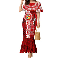 Tonga Rugby Family Matching Mermaid Dress and Hawaiian Shirt World Cup 2023 Coat Of Arms Ngatu Pattern LT05 Mom's Dress Red - Polynesian Pride