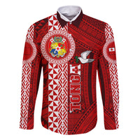 Custom Tonga Rugby Family Matching Off Shoulder Short Dress and Hawaiian Shirt World Cup 2023 Coat Of Arms Ngatu Pattern LT05 Dad's Shirt - Long Sleeve Red - Polynesian Pride