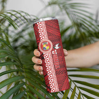 Custom Tonga Rugby Skinny Tumbler World Cup 2023 Coat Of Arms Ngatu Pattern