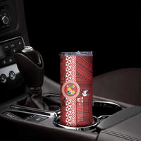 Custom Tonga Rugby Skinny Tumbler World Cup 2023 Coat Of Arms Ngatu Pattern
