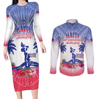 Personalised Haiti Independence Day Couples Matching Long Sleeve Bodycon Dress and Long Sleeve Button Shirt Neg Maron Polynesian Style LT05 Blue - Polynesian Pride