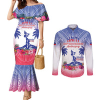Personalised Haiti Independence Day Couples Matching Mermaid Dress and Long Sleeve Button Shirt Neg Maron Polynesian Style LT05 Blue - Polynesian Pride