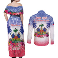 Personalised Haiti Independence Day Couples Matching Off Shoulder Maxi Dress and Long Sleeve Button Shirt Neg Maron Polynesian Style LT05