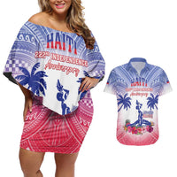 Personalised Haiti Independence Day Couples Matching Off Shoulder Short Dress and Hawaiian Shirt Neg Maron Polynesian Style LT05 Blue - Polynesian Pride
