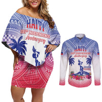 Personalised Haiti Independence Day Couples Matching Off Shoulder Short Dress and Long Sleeve Button Shirt Neg Maron Polynesian Style LT05 Blue - Polynesian Pride