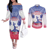 Personalised Haiti Independence Day Couples Matching Off The Shoulder Long Sleeve Dress and Long Sleeve Button Shirt Neg Maron Polynesian Style LT05 Blue - Polynesian Pride