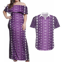 Purple Samoa Malu Tattoo Inspired Couples Matching Off Shoulder Maxi Dress and Hawaiian Shirt - Polynesian Pride