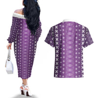 Purple Samoa Malu Tattoo Inspired Couples Matching Off The Shoulder Long Sleeve Dress and Hawaiian Shirt LT05 - Polynesian Pride