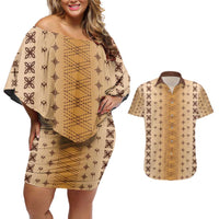 Beige Samoa Malu Tattoo Inspired Couples Matching Off Shoulder Short Dress and Hawaiian Shirt - Polynesian Pride