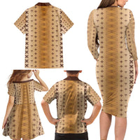 Beige Samoa Malu Tattoo Inspired Family Matching Long Sleeve Bodycon Dress and Hawaiian Shirt - Polynesian Pride