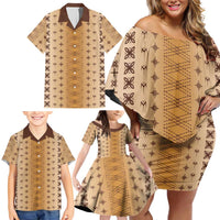 Beige Samoa Malu Tattoo Inspired Family Matching Off Shoulder Short Dress and Hawaiian Shirt LT05 - Polynesian Pride
