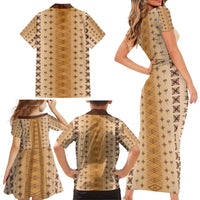 Beige Samoa Malu Tattoo Inspired Family Matching Short Sleeve Bodycon Dress and Hawaiian Shirt - Polynesian Pride