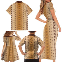 Beige Samoa Malu Tattoo Inspired Family Matching Short Sleeve Bodycon Dress and Hawaiian Shirt LT05 - Polynesian Pride