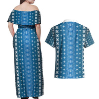 Blue Samoa Malu Tattoo Inspired Couples Matching Off Shoulder Maxi Dress and Hawaiian Shirt - Polynesian Pride