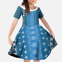 Blue Samoa Malu Tattoo Inspired Family Matching Long Sleeve Bodycon Dress and Hawaiian Shirt LT05 Daughter's Dress Blue - Polynesian Pride