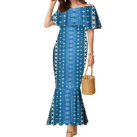 Blue Samoa Malu Tattoo Inspired Family Matching Mermaid Dress and Hawaiian Shirt LT05 Mom's Dress Blue - Polynesian Pride