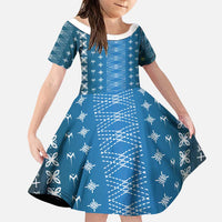 Blue Samoa Malu Tattoo Inspired Family Matching Off The Shoulder Long Sleeve Dress and Hawaiian Shirt LT05 Daughter's Dress Blue - Polynesian Pride