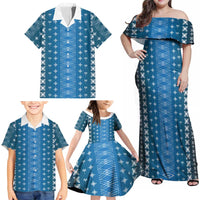 Blue Samoa Malu Tattoo Inspired Family Matching Off Shoulder Maxi Dress and Hawaiian Shirt LT05 - Polynesian Pride