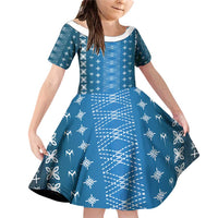 Blue Samoa Malu Tattoo Inspired Family Matching Off Shoulder Short Dress and Hawaiian Shirt LT05 Daughter's Dress Blue - Polynesian Pride