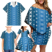 Blue Samoa Malu Tattoo Inspired Family Matching Off Shoulder Short Dress and Hawaiian Shirt LT05 - Polynesian Pride