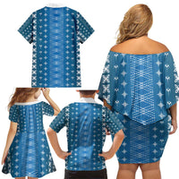 Blue Samoa Malu Tattoo Inspired Family Matching Off Shoulder Short Dress and Hawaiian Shirt - Polynesian Pride