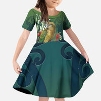 New Zealand Kea Bird Family Matching Mermaid Dress and Hawaiian Shirt With Maori Koru Fern LT05 Daughter's Dress Green - Polynesian Pride