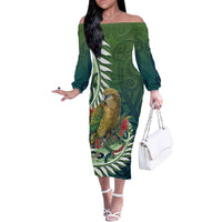 New Zealand Kea Bird Off The Shoulder Long Sleeve Dress With Maori Koru Fern LT05 Women Green - Polynesian Pride