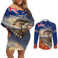 New Zealand ANZAC Day Couples Matching Off Shoulder Short Dress and Long Sleeve Button Shirt The Lonesome Pine With Soldier Fern LT05 Blue - Polynesian Pride