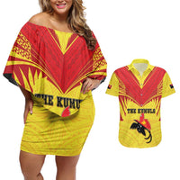 Papua New Guinea Rugby Custom Couples Matching Off Shoulder Short Dress and Hawaiian Shirt Kumuls Heritage LT05 Yellow - Polynesian Pride