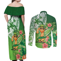 Aloha Hawaii St Patrick's Day Couples Matching Off Shoulder Maxi Dress and Long Sleeve Button Shirt Polynesian Style