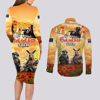 Australia And New Zealand ANZAC Day Couples Matching Long Sleeve Bodycon Dress and Long Sleeve Button Shirt Kangaroo And Kiwi Bird Soldiers Lest We Forget LT05 - Polynesian Pride