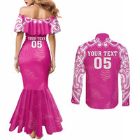 New Zealand Fern Women Rugby Custom Couples Matching Mermaid Dress and Long Sleeve Button Shirt Pink Maori Pattern