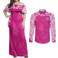 New Zealand Fern Women Rugby Custom Couples Matching Off Shoulder Maxi Dress and Long Sleeve Button Shirt Pink Maori Pattern