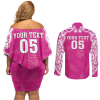 New Zealand Fern Women Rugby Custom Couples Matching Off Shoulder Short Dress and Long Sleeve Button Shirt Pink Maori Pattern