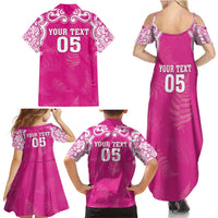 New Zealand Fern Women Rugby Custom Family Matching Summer Maxi Dress and Hawaiian Shirt Pink Maori Pattern