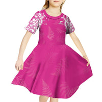 New Zealand Fern Women Rugby Custom Kid Short Sleeve Dress Pink Maori Pattern