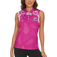 New Zealand Fern Women Rugby Custom Women Sleeveless Polo Shirt Pink Maori Pattern