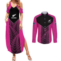New Zealand Fern Rugby Custom Couples Matching Summer Maxi Dress and Long Sleeve Button Shirt Pink Maori Pattern