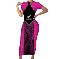 New Zealand Fern Rugby Custom Family Matching Short Sleeve Bodycon Dress and Hawaiian Shirt Pink Maori Pattern