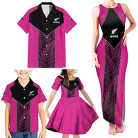 New Zealand Fern Rugby Custom Family Matching Tank Maxi Dress and Hawaiian Shirt Pink Maori Pattern