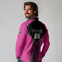 New Zealand Fern Rugby Custom Long Sleeve Polo Shirt Pink Maori Pattern