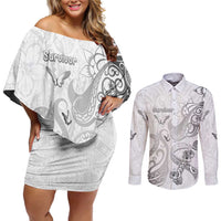 Personalised Brain Cancer Awareness Couples Matching Off Shoulder Short Dress and Long Sleeve Button Shirt Ribbon Polynesian Pattern