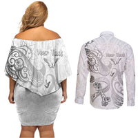 Personalised Brain Cancer Awareness Couples Matching Off Shoulder Short Dress and Long Sleeve Button Shirt Ribbon Polynesian Pattern