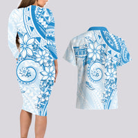 Polynesian Pattern With Plumeria Flowers Couples Matching Long Sleeve Bodycon Dress and Hawaiian Shirt Blue