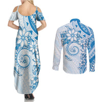 Polynesian Pattern With Plumeria Flowers Couples Matching Summer Maxi Dress and Long Sleeve Button Shirt Blue